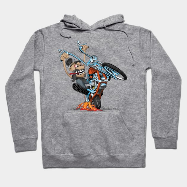 Funny biker riding a chopper, popping a wheelie motorcycle cartoon Hoodie by hobrath